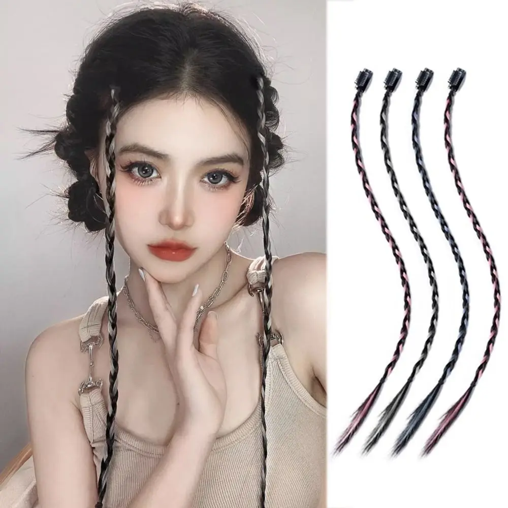 Y2K Twist Braided Hair Rope Cool Fashion Hair Extension Boxing Braid Hair Pieces Clip Invisible Hanging Ear-Dye Wig Girls