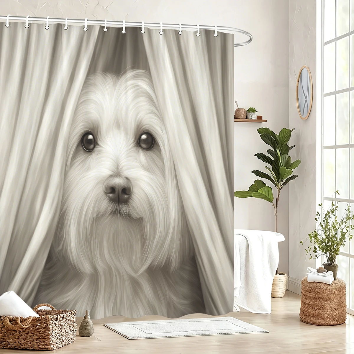 

Adorable Puppy Pattern Polyester Shower Curtain - 2D Flat Printed Bathroom Decor, Lovely Bathtub Partition Curtain for Home