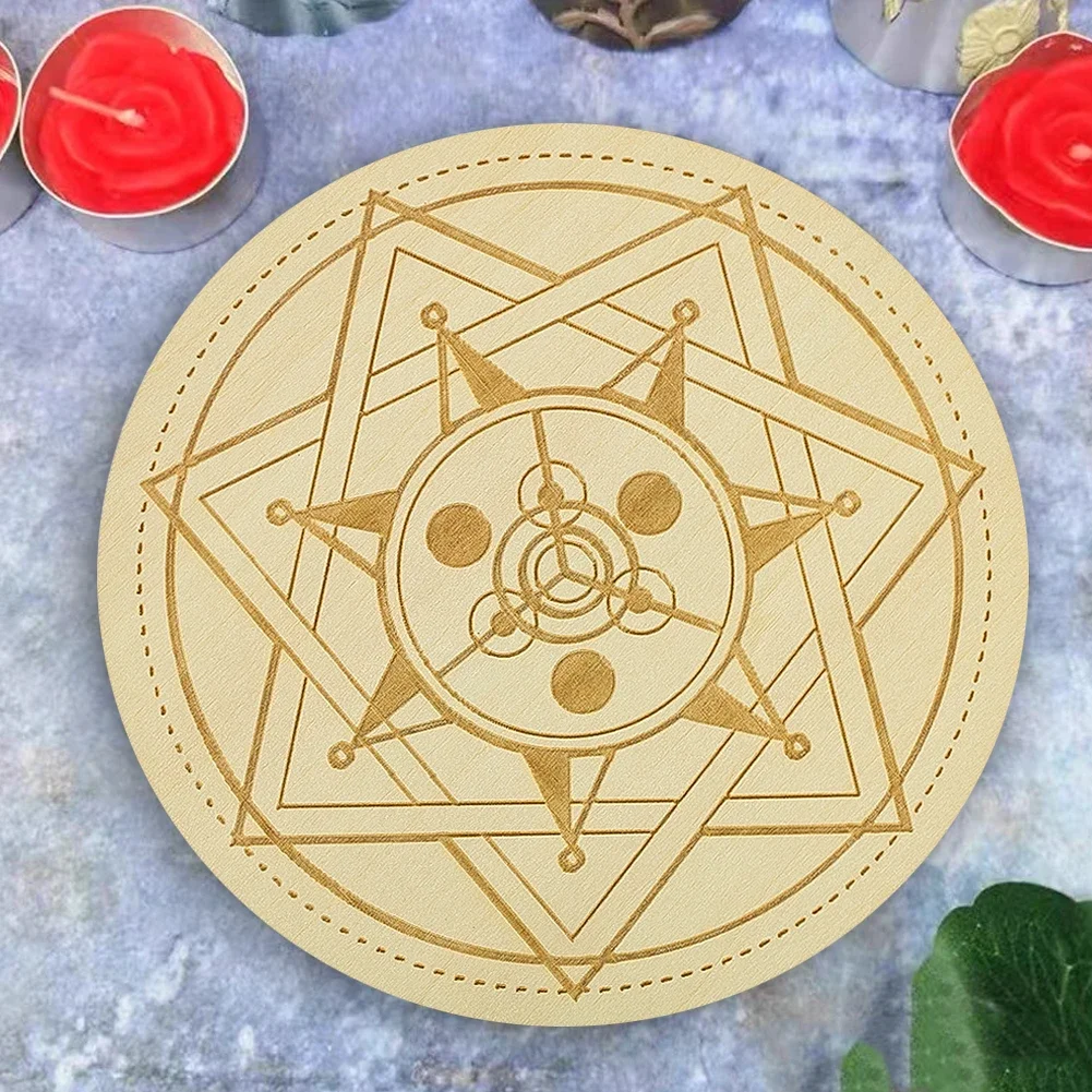 Wooden Hexagram Tabletop Game Board Round Anti-scald Coaster Crystal Display Base Laser Engraved Divination Message Boards 11cm