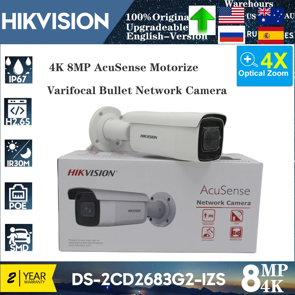 

Hikvision Original 8MP DS-2CD2683G2-IZS Motorize Varifocal Bullet IP Camera IR 60M Zoom Audio Alarm Surveillance Camera P2P View