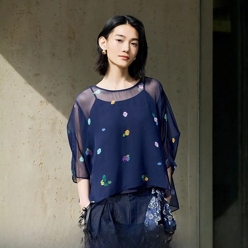 

Шелковая женская блузка без рукавов свободного кроя с принтом в китайском стиле, летняя новинка, с круглым вырезом, рукав 3/4, стандартный крой