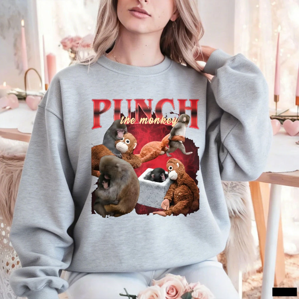Edgy Retro Punch The Monkey Collage Pullover Sweatshirt Trendy Vintage Casual Everyday Aesthetic Crewneck Matching Hoodies - view 5