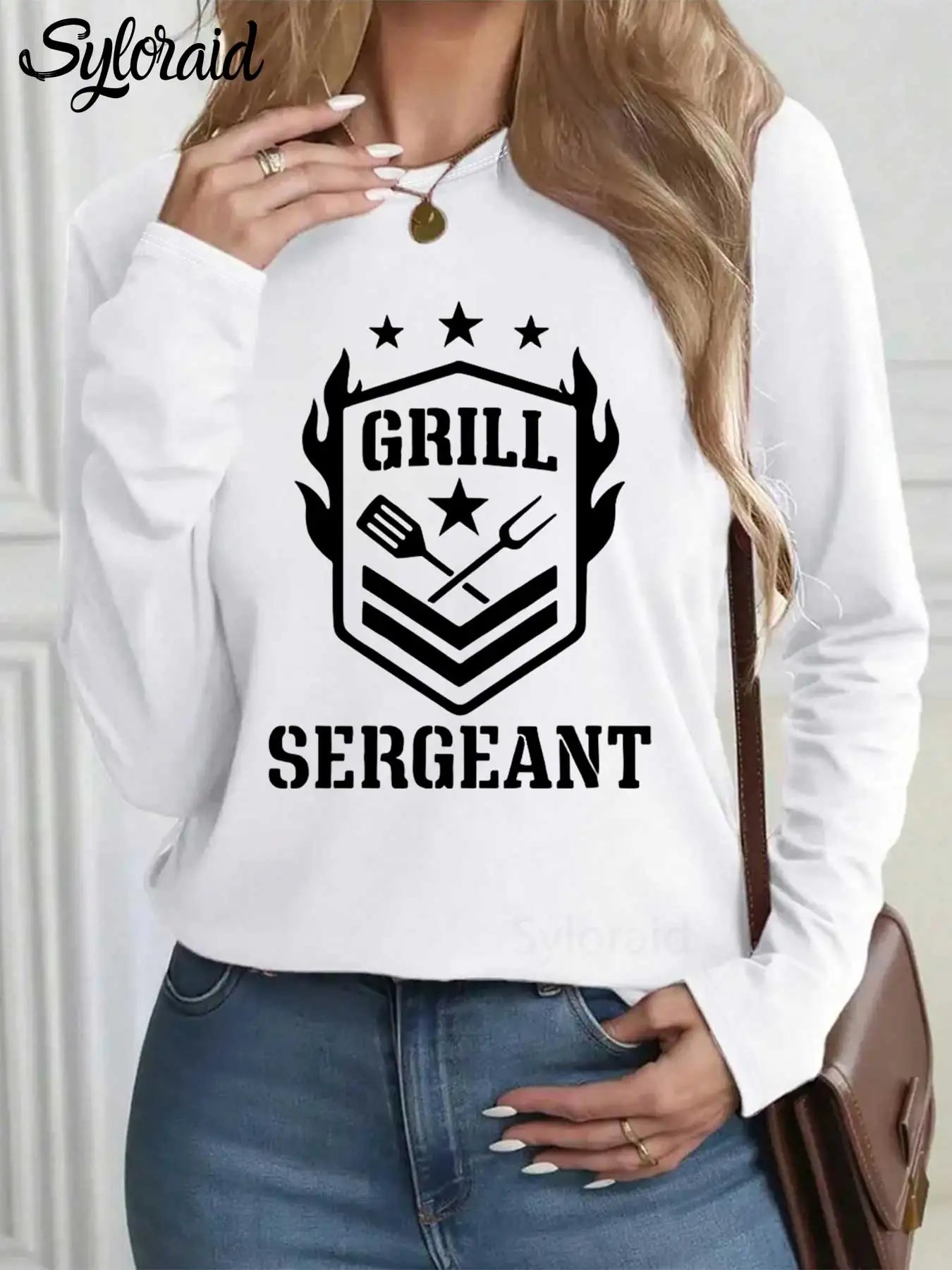 

Women's Long Sleeve T Shirt Grill Sergeant T Shirt Funny Father's Day BBQ Dad Shirt Fashion Round Neck Casual Top