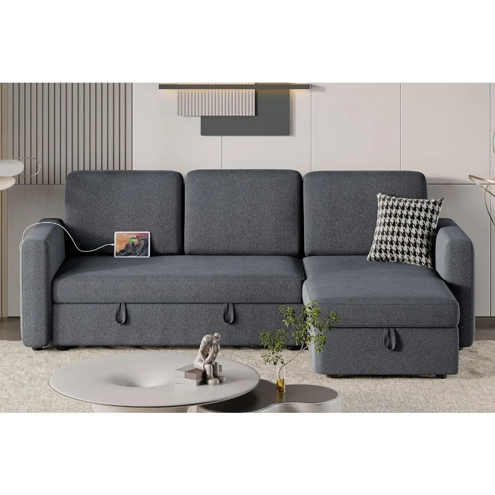 Sofa Bed L-Shaped w/Chaise & USB, Reversible Couch Sleeper w/Pull Out Bed & Storage Space, 4-seat Fabric Convertible Sofa