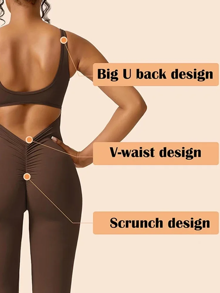 Women Workout Flare Jumpsuits Sexy Backless Gym Bodycon Scrunch Butt Yoga Rompers V Back