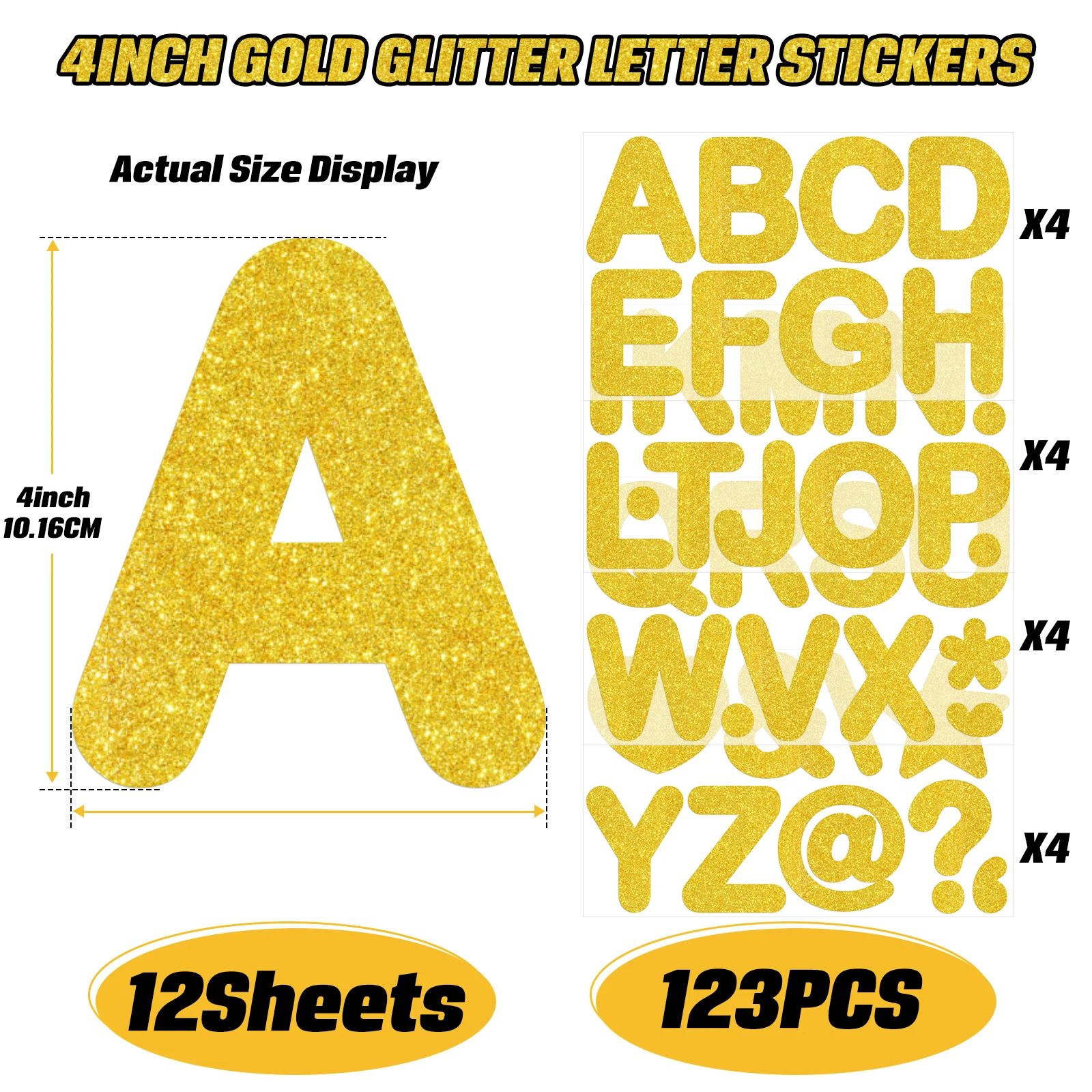 123Pcs 3 Inch Gold Glitter Bulletin Board Letter Stickers, Vinyl Waterproof Self-Adhesive Alphabet Letters for Poster Board