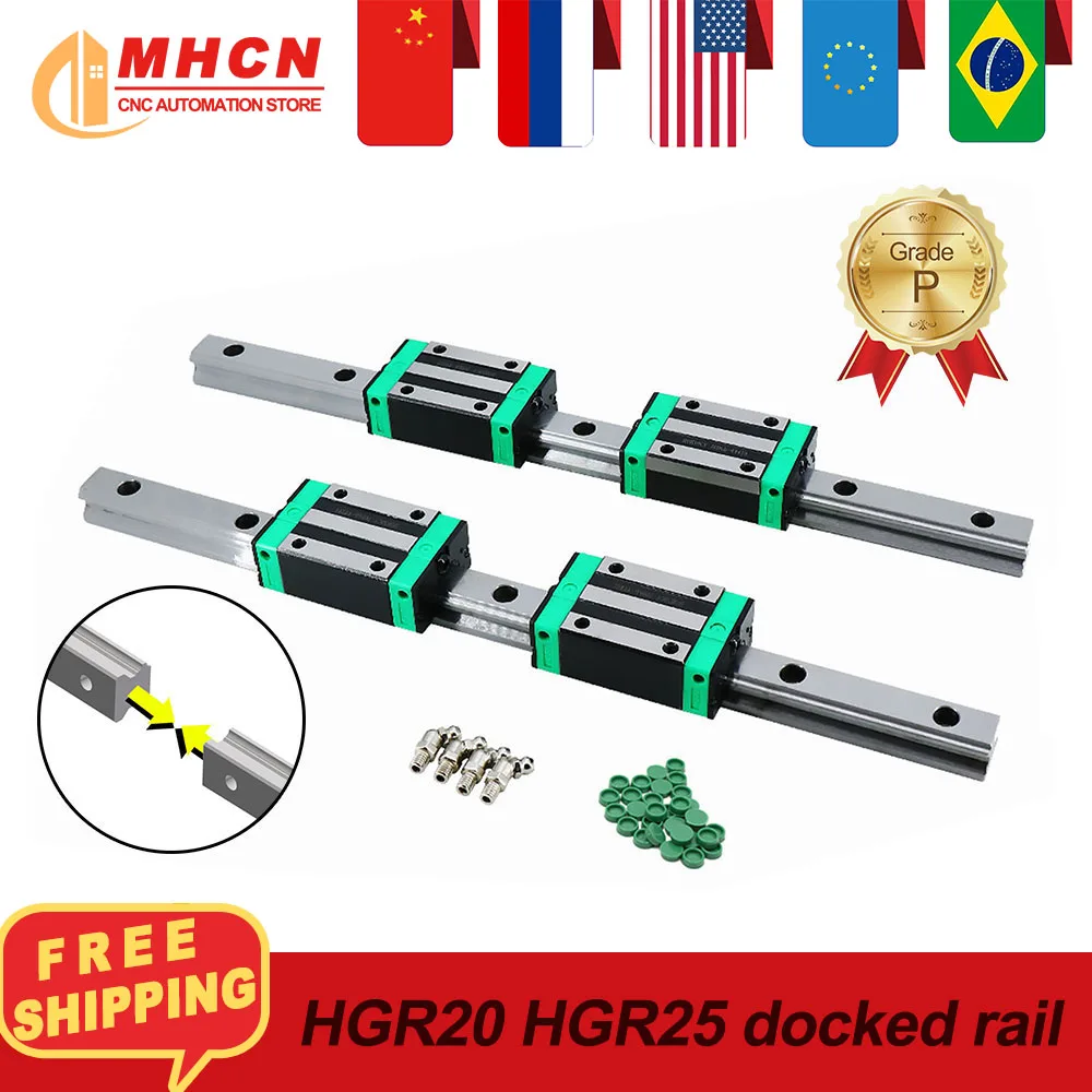 CNC Linear Guides 2 pcs  2000-4000mm linear rails HGR20 HGR25 docked rail + 4 pcs HGH25CA HGH20CA slides carriages Grease nipple