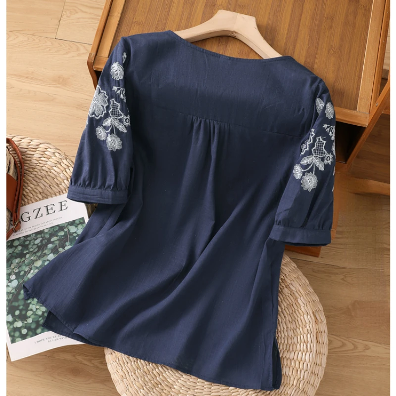 Cotton Linen T-shirt Women Summer 2023 Embroidery Loose Tees Short Sleeves Floral Top Chinese Style O-neck Clothing