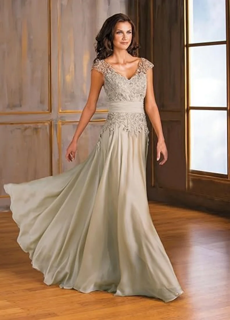 

Belt style V-neck bride's mother dress long A-line pleated lace chiffon evening gown