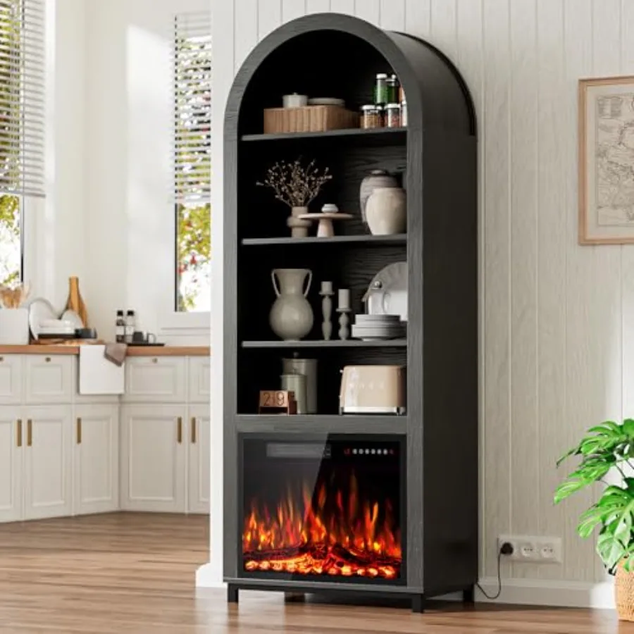 Mobiletto ad arco 2in1 con camino elettrico per soggiorno e cucina Libreria in legno nero con ripiani regolabili 71 alti O