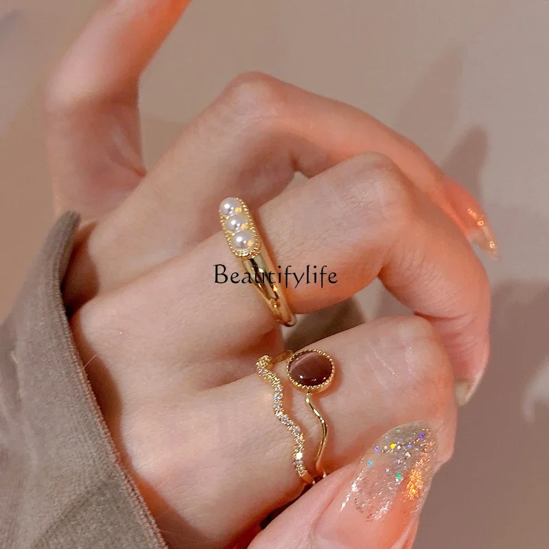 Open-End Opal Ring, Personalized Zircon, French Retro Court, Dual Layer, Fashion