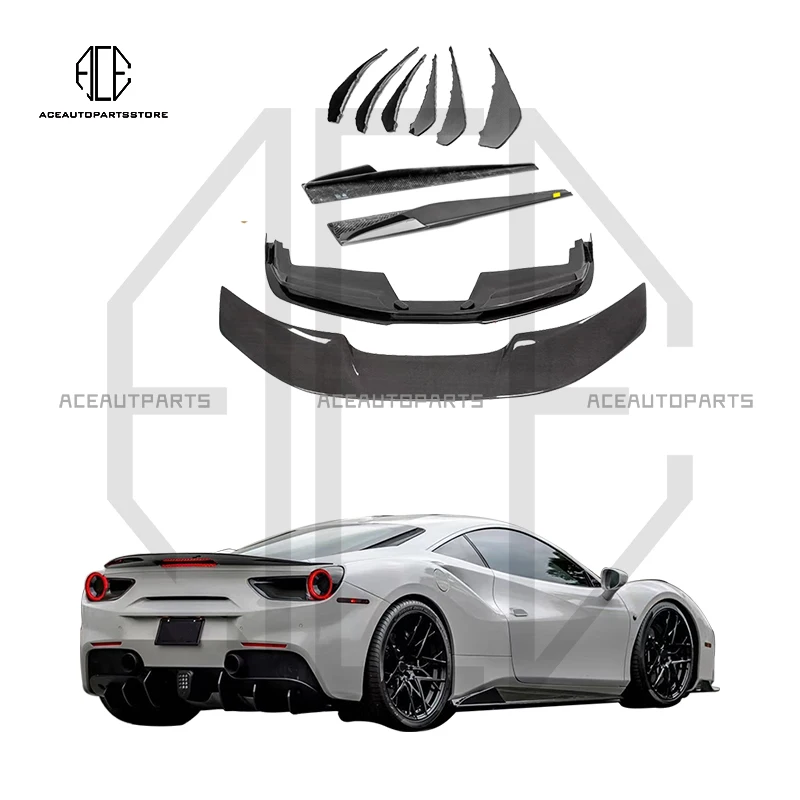 V Style For Ferrari 488 Dry Carbon Fiber Front Lip Spoiler Side Skirts Bumper Aprons Rear Diffuser Rear Spoiler Case Body Kit