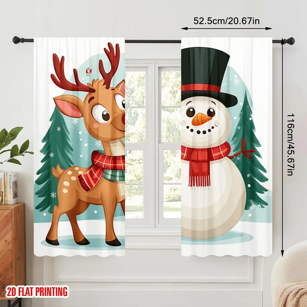 2pcs,2D plane printing Curtains&Window Treatment Cute Reindeer Snowman Merry Christmas (2) Polyester Easy Install (without rod)