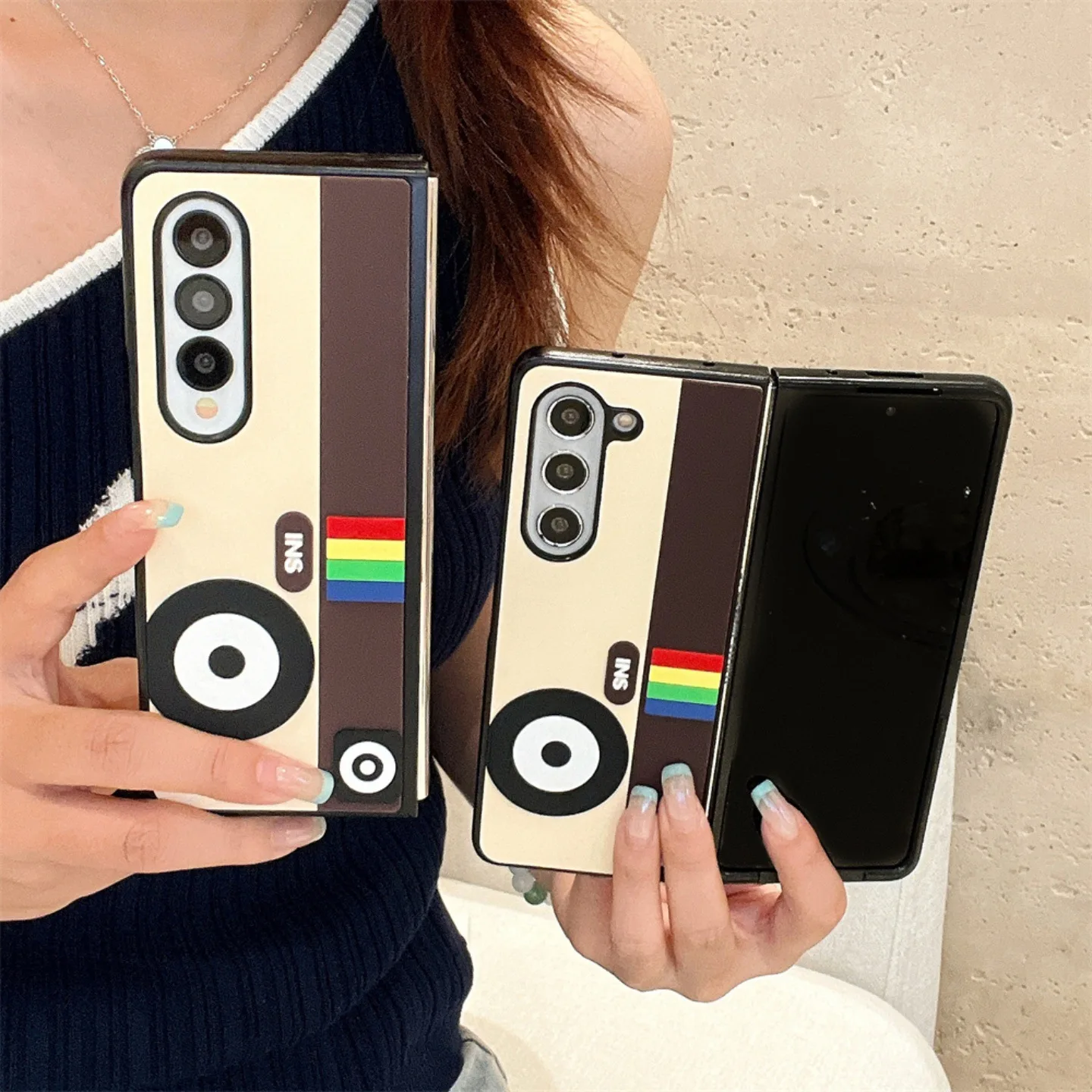 漫画カメラ付きSamsung Galaxy Z Flip Z Fold 7 6 5 4用保護バックカバー、ZFold7 ZFlip6 ZFlip7ケースシェル