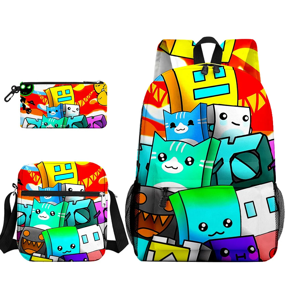 กระเป๋าแฟชั่นสไตล์ฮาราจูกุลายเรขาคณิต 3 มิติ ชุด 3 ชิ้น/เซ็ต สำหรับนักเรียน กระเป๋าเดินทาง กระเป๋าใส่แล็ปท็อป กระเป๋าเป้สะพายหลัง กระเป๋าใส่ดินสอ