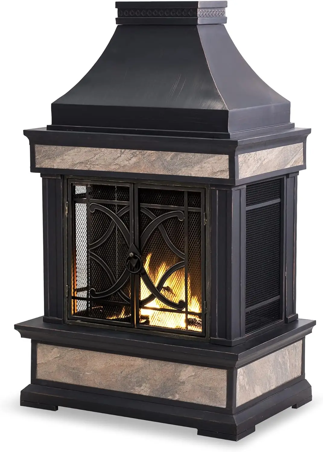 

Sunjoy Outdoor Fireplace Heirloom Patio Wood Burning Steel Chimney Spark Screen Fire Poker Removable Grate Black