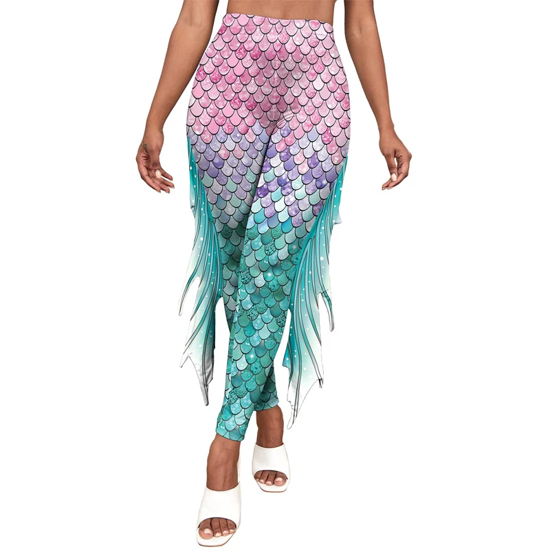 VIP FASHION Mermaid Cosplay Pants Fish Scales Printed Leggings Woman Summer Sexy Workout Trousers Ladies Casual Elastic Bottom