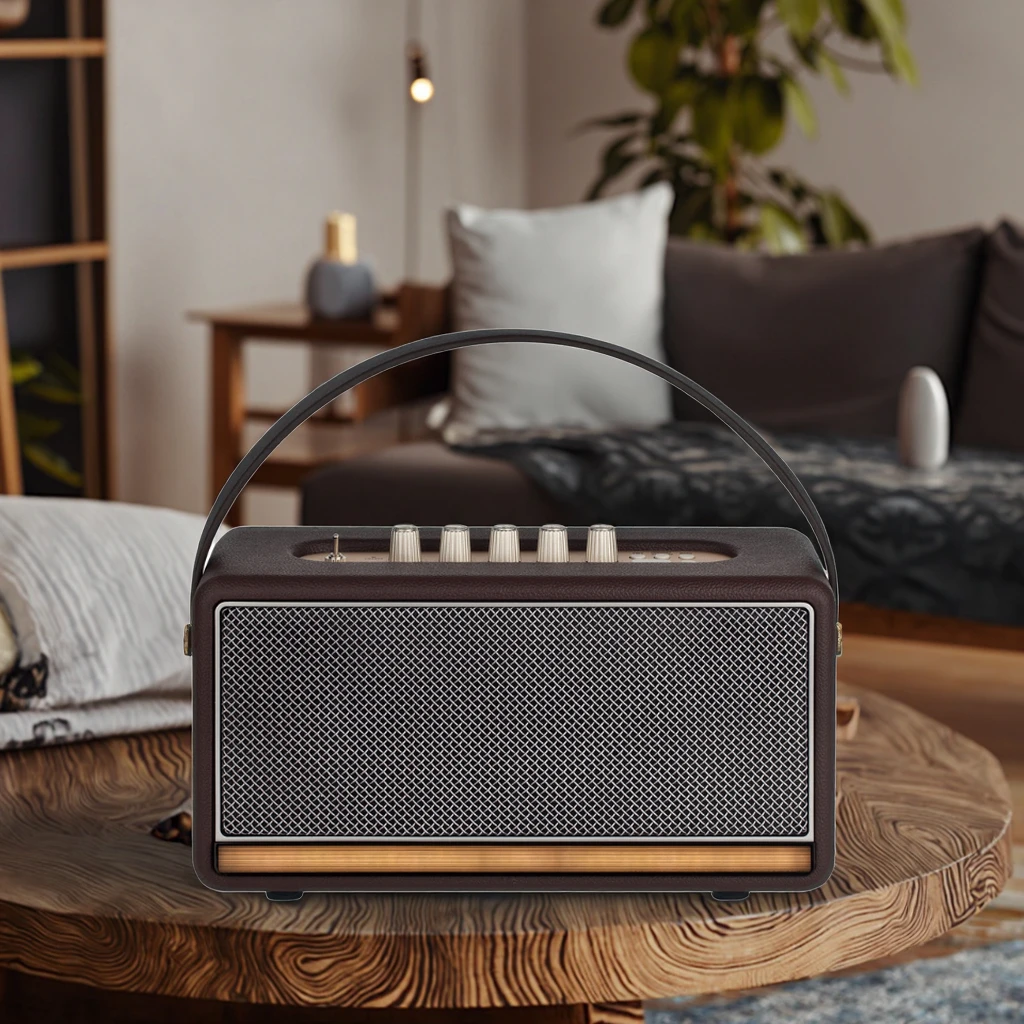 جودة عالية ريترو المحمولة لمكبر الصوت V5.0 2 ميكروفونات يده تصميم زر التحكم علبة خشبية بطارية 15-20 ساعة