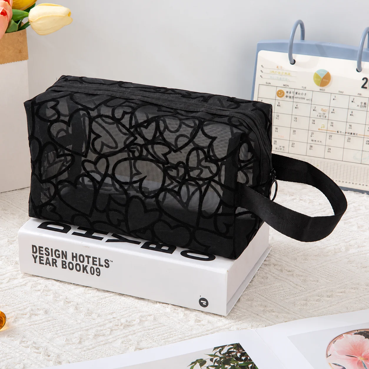 Nylon Mesh Cosmetic Bag Flocked Black Cosmetic Bag Makeup Storage Bag Structured For Daily Commuting Skincare Storage Business