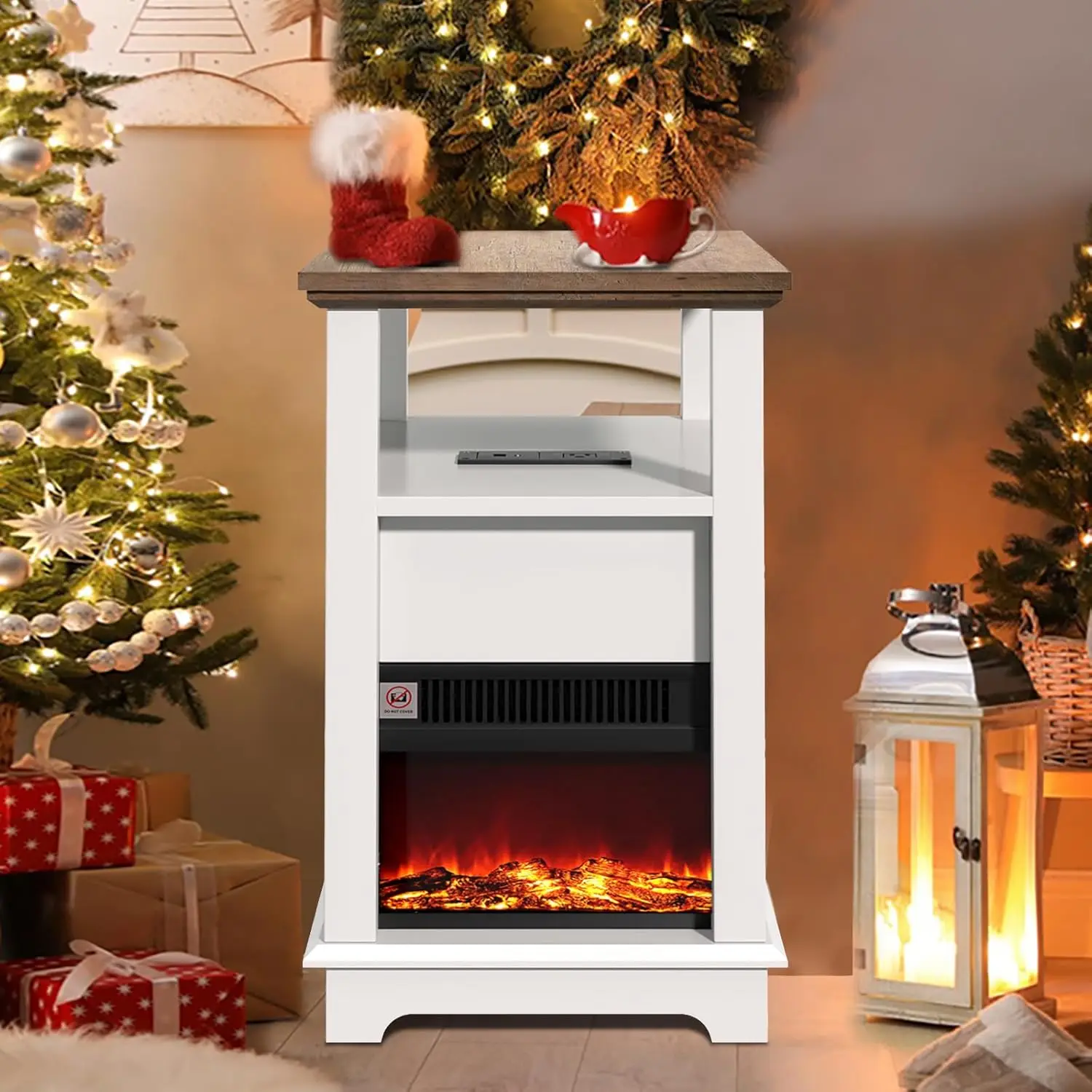 Mesa con estación de carga, mesa auxiliar con ruedas, mesa auxiliar de almacenamiento con chimenea eléctrica, mesa auxiliar para salón dormitorio