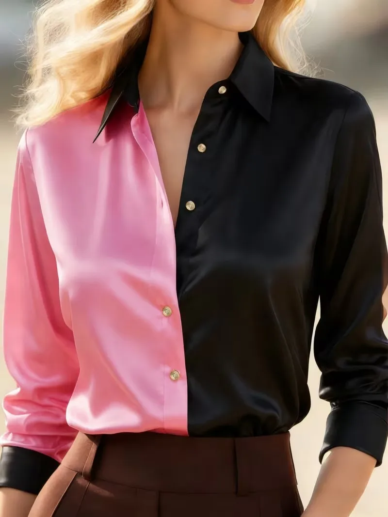 New Black and Pink Half Contrasting Solid Color Satin Long Sleeved Shirt with Smooth Drape Satin Men's Top