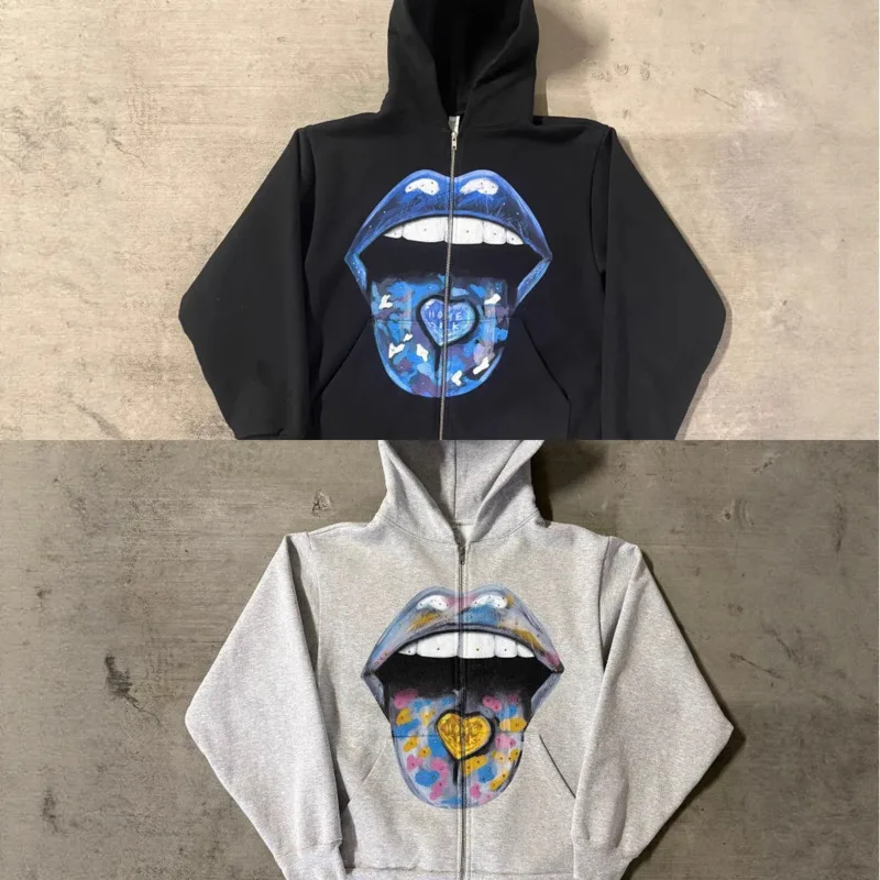 Mouth Print Zipper Hoodie Women European American Harajuku Long Sleeved Pullover Hoodie Retro Jacket High Street Trend Coats New