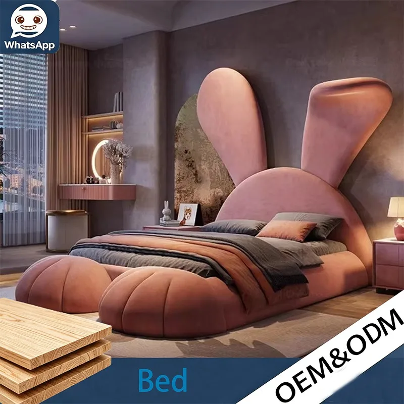 Pink Princess Solid Wood Kids Bed with Cartoon Rabbit Headboard, Multi-Functional Light Luxury Modern Girl Bedroom Furniture