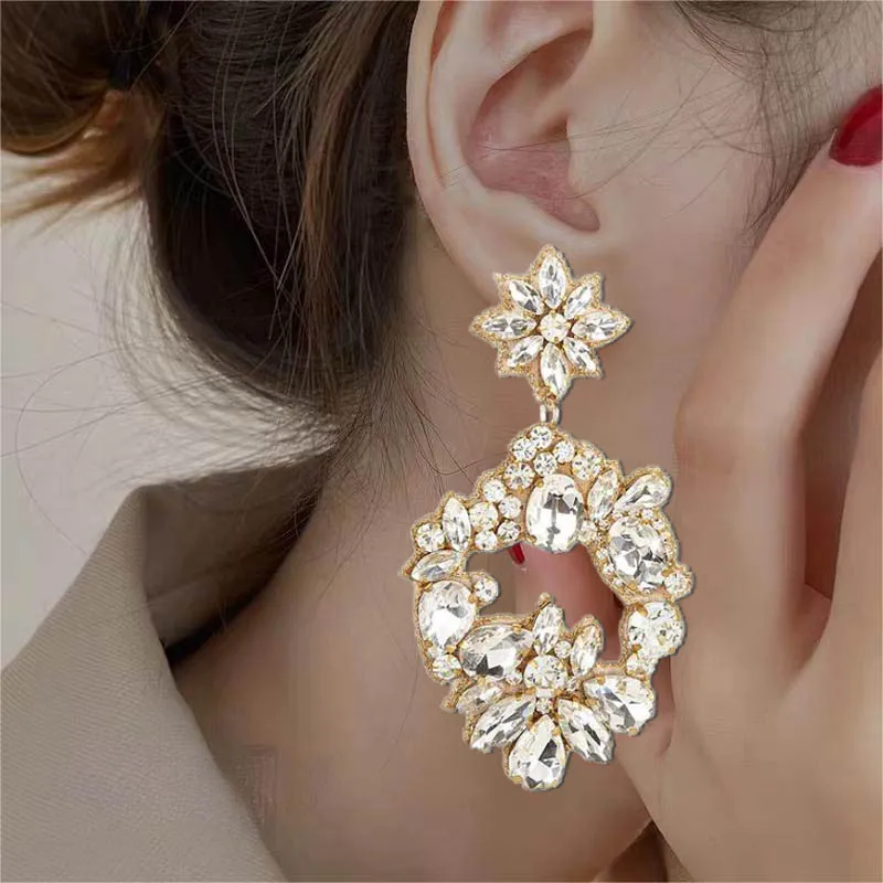 Temperament Rhinestone Flower Earrings Anniversaery Party Elegant Crystal Large Drop Earrings Fashion Exaggerated Women Jewelry