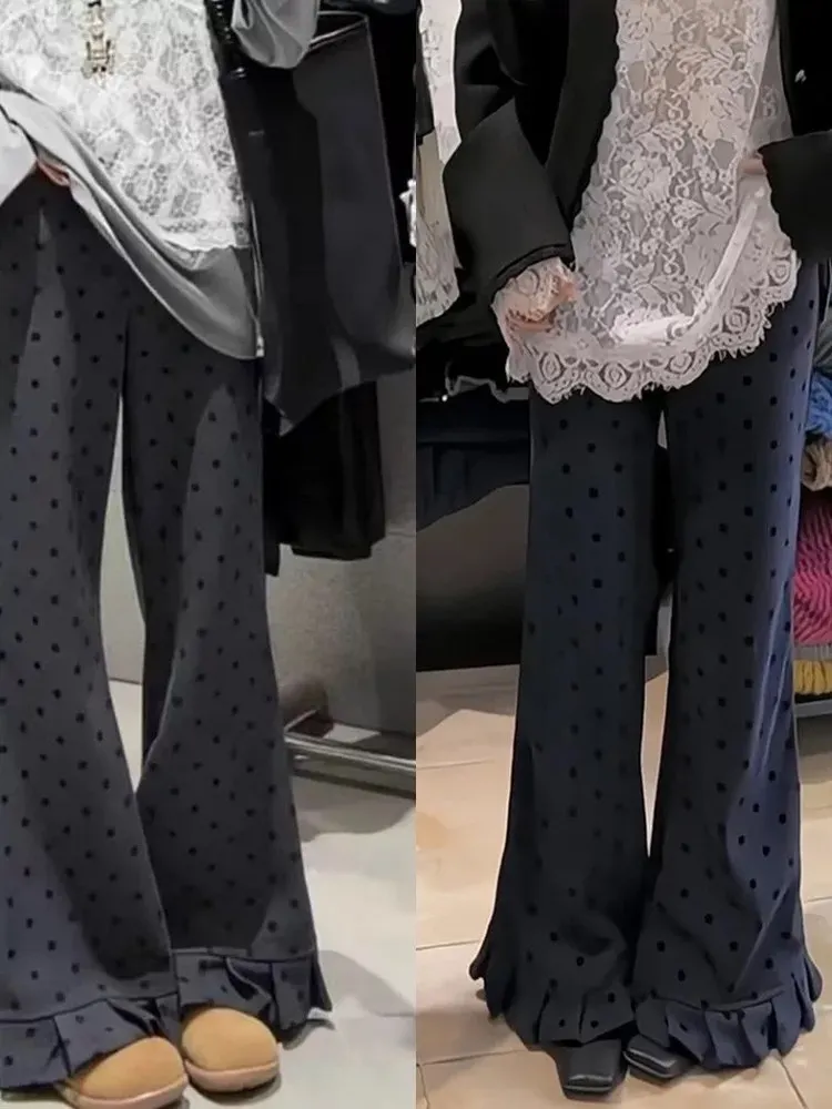 

plus Size Fleece Lined Thickened Polka Dot Flared Pants Women's Casual Long Trousers Autumn Winter New Style Korean Retro Grey
