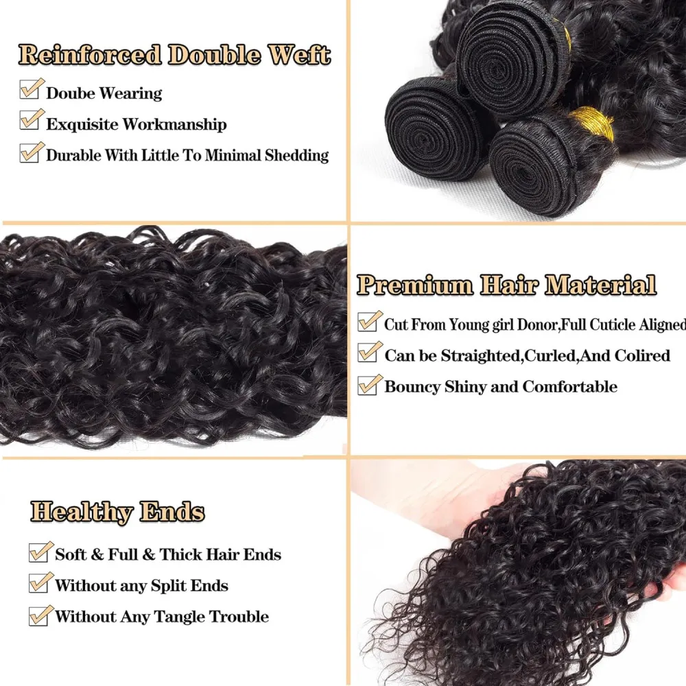 Curly Human Hair Bundles With Closure Lace 13x4 Frontal 100% Real Human Hair Extensions 22 24 26 Inches Natural Color For Woman