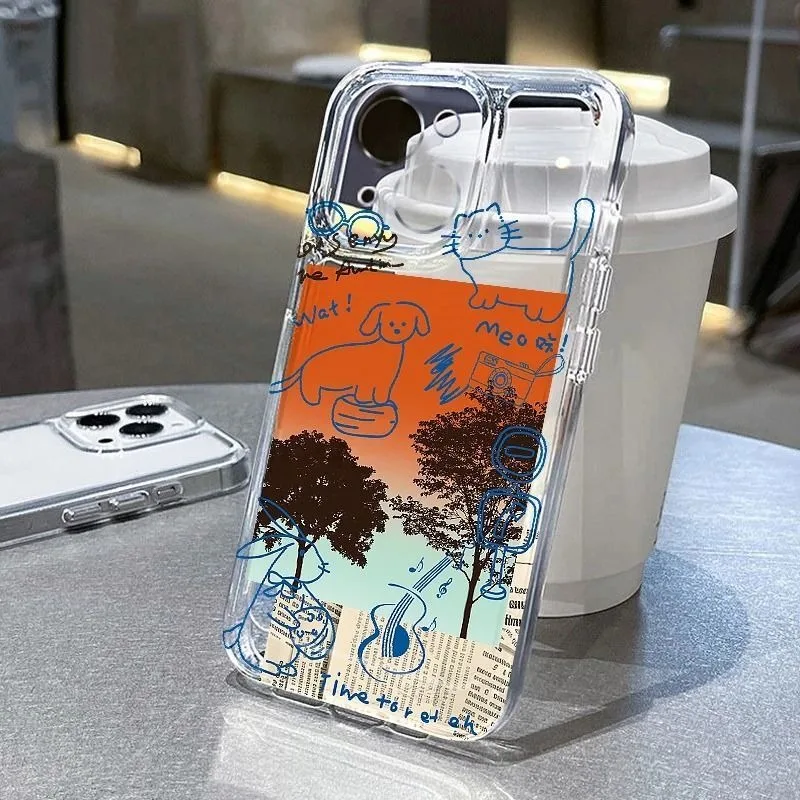 Doodle Haustier Baum Handyhülle für iPhone 17 16 15 14 Plus 13 12 11 Pro MAX 16E 17 Air Cartoon Hund Katze Gitarre Aufdruck Klare Weiche Hülle