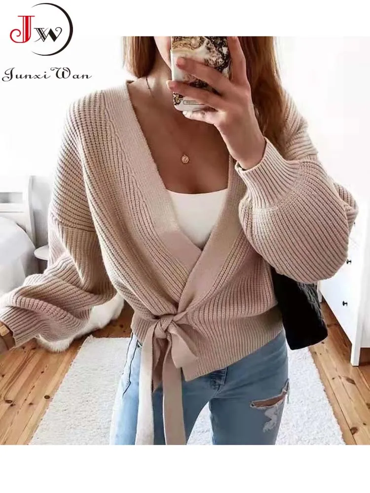 Autumn Women Loose Warm Short Cardigan Coat Winter Solid Long Sleeve Lace Knitted Sweater