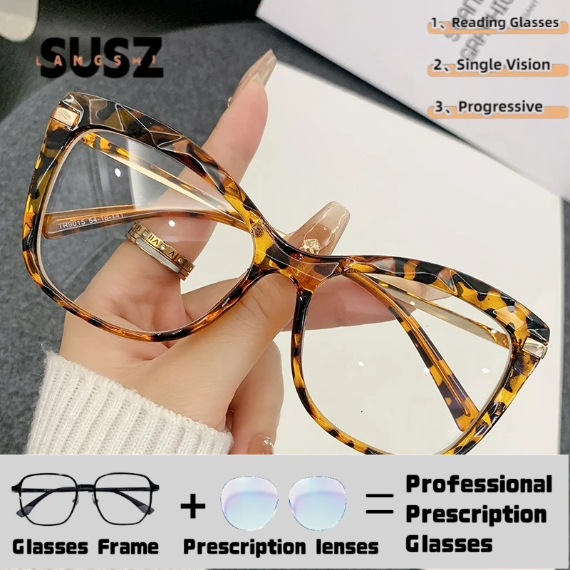 LS-SUSZ Cat Eye Titanium Legs Reading Glasses Women Blue Light Blocking Myopia Glasses Anti-Reflective Texture Hyperopia Glasses