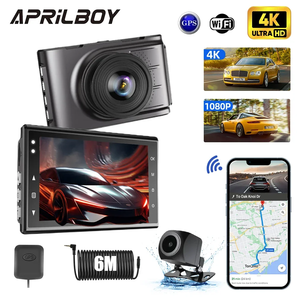 Aprilboy 4K Dash Cam Car DVR with Rear Cam G-Sensor Support WIFI&App Control 24H Parking Monitor Night Vision Black Box Dash Cam