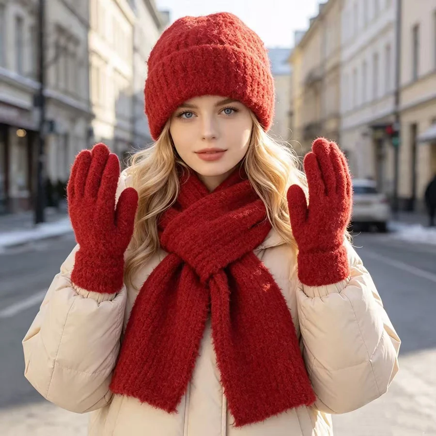 3Pcs Women Matching Knit Hat Scarf Gloves Set Winter Warm Thick Lamb Knited Hats Outdoor Ear Protection Cap unisex  Ski Cap