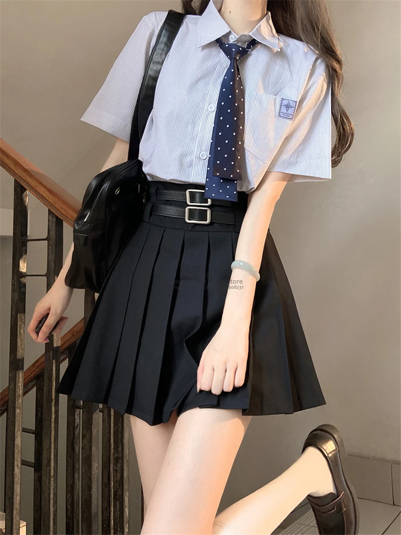 New Double Belt Pleated Skirt for Women Hot Girl 2024 Summer Autumn American Korean School Uniform A-line Short Skirt Chic Slim