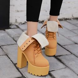 Gdgydh Women Mid Calf Platform Boots with Block Heel Korean Style Lace Up Winter Dress Boots Warm Fur Ultra High Heels T-Stage