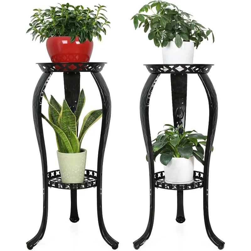 

2 Tier Metal Plant Stand Indoor Outdoor Iron Art Flower Pot Holder Tall Plant Display Rack for Corner Porch 2-Pack,