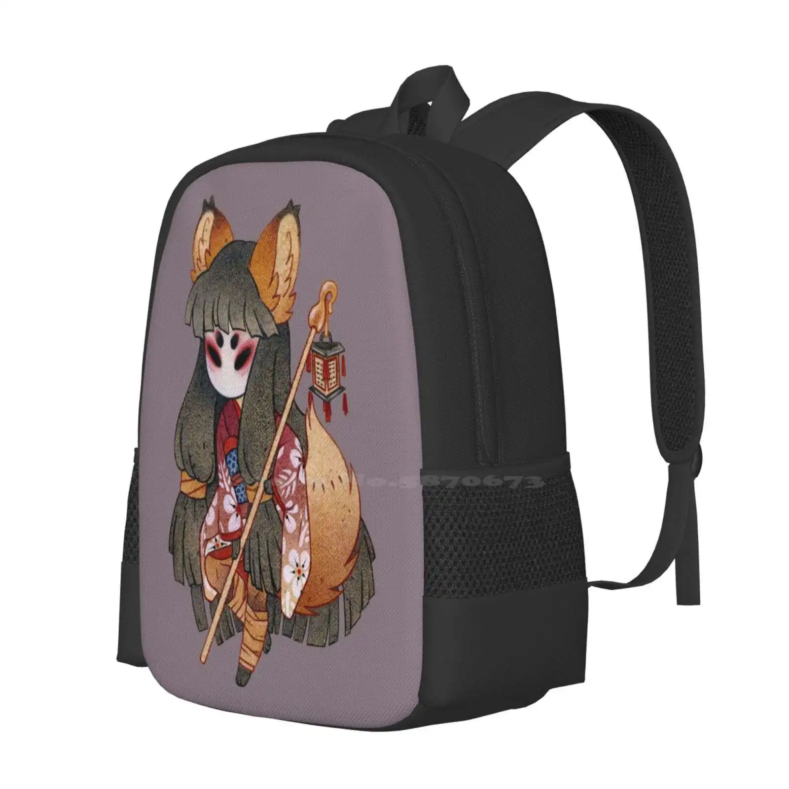 Mysterious Fox Girl-Yokai Teen College Student Backpack Pattern Design Bags Tea Fox Illustrations Yokai Youkai Cute Kawaii