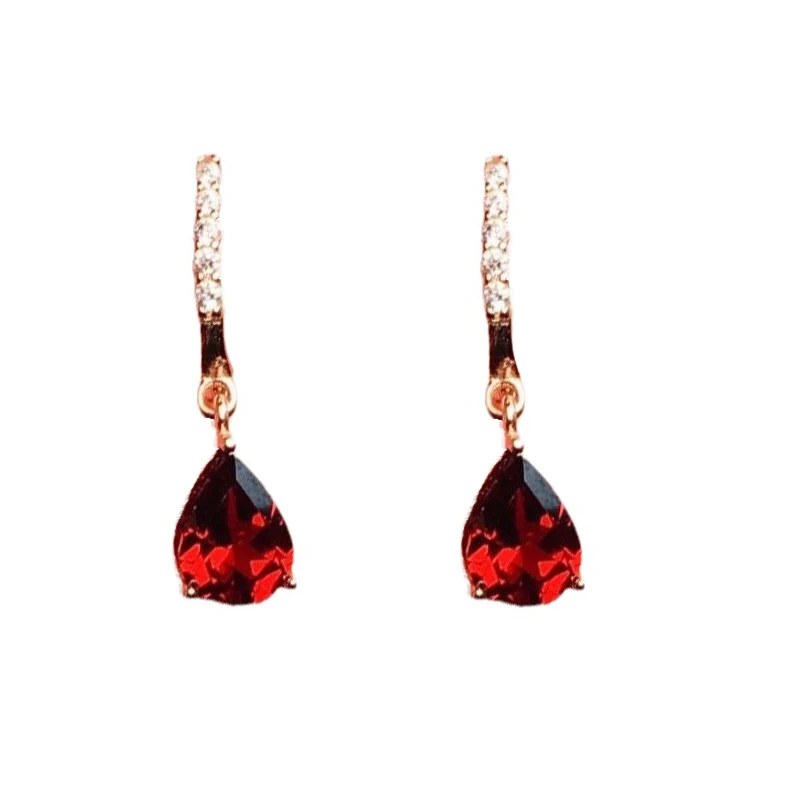 Silver Inlaid Wine Red Ruby earrings for women Exquisite and Simple Water Drop Eardrops earings Fashion Party Jewelry