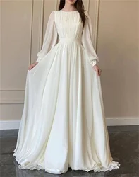 Vestido de casamento branco simples, gola redonda, manga comprida, vestido de noite, chiffon, elegante, verão, ocasião formal, estilo mais recente, 2023