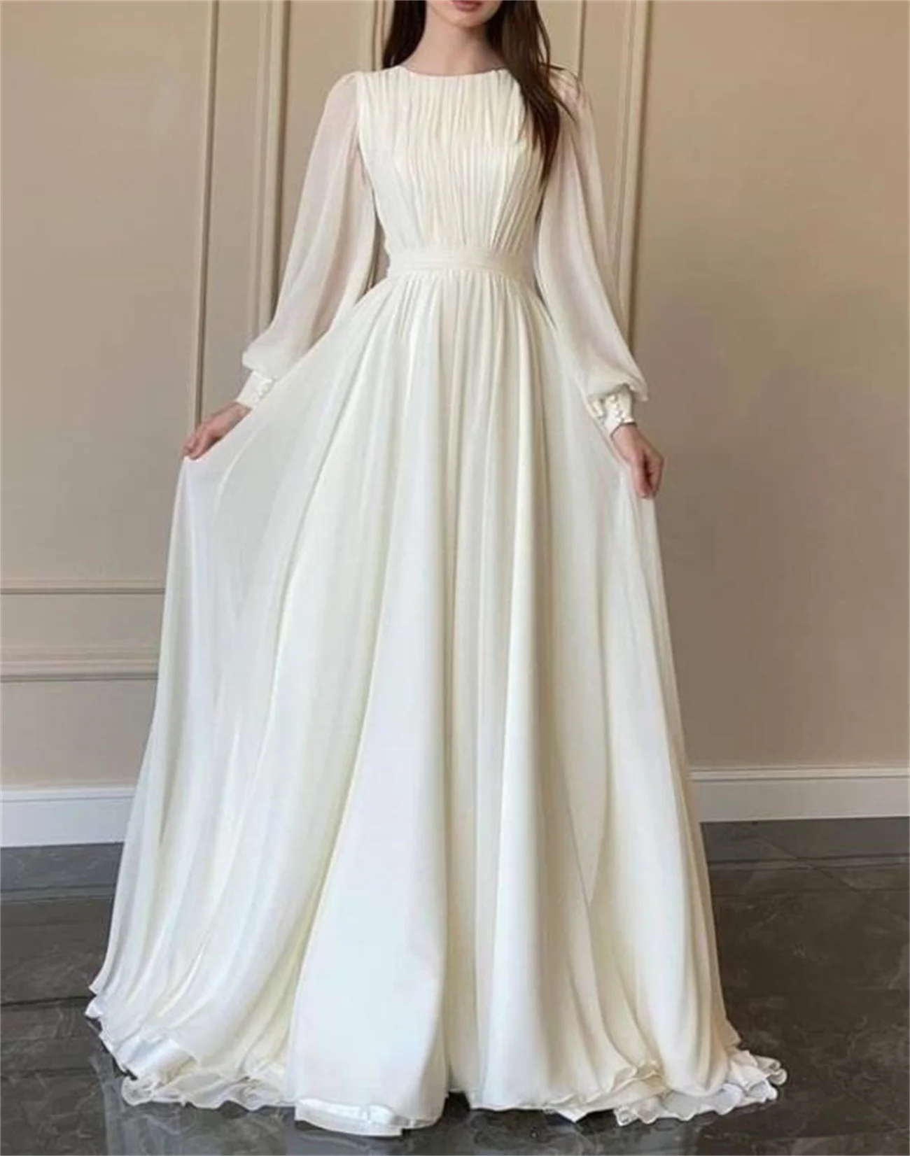 Simple White Wedding Dress Round Neck Long Sleeve Evening Gown Chiffon Elegant Summer Formal Occasion Latest Style 2023