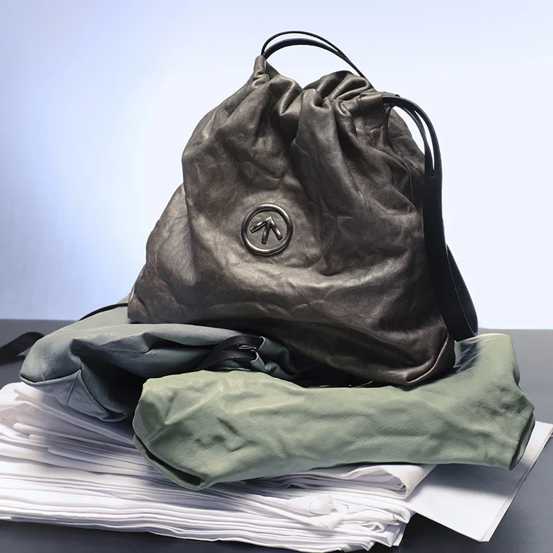 GROTTO Fashion 2025 New Genuine Leather Medium-Sized Garbage Bag Single-Shoulder Crossbody Bag Light Luxury