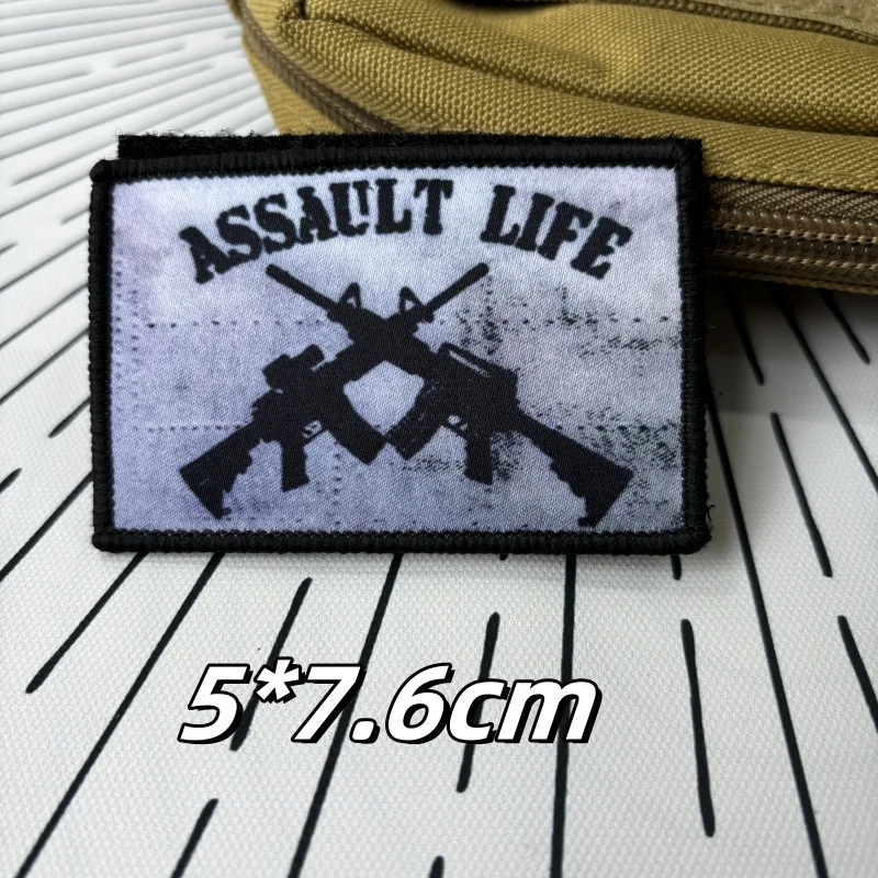 Assault Life Morale Tactical Patches on Clothes Printed Hook&Loop Patch Military Double Gun Flag Badge Armband Backpack Stickers