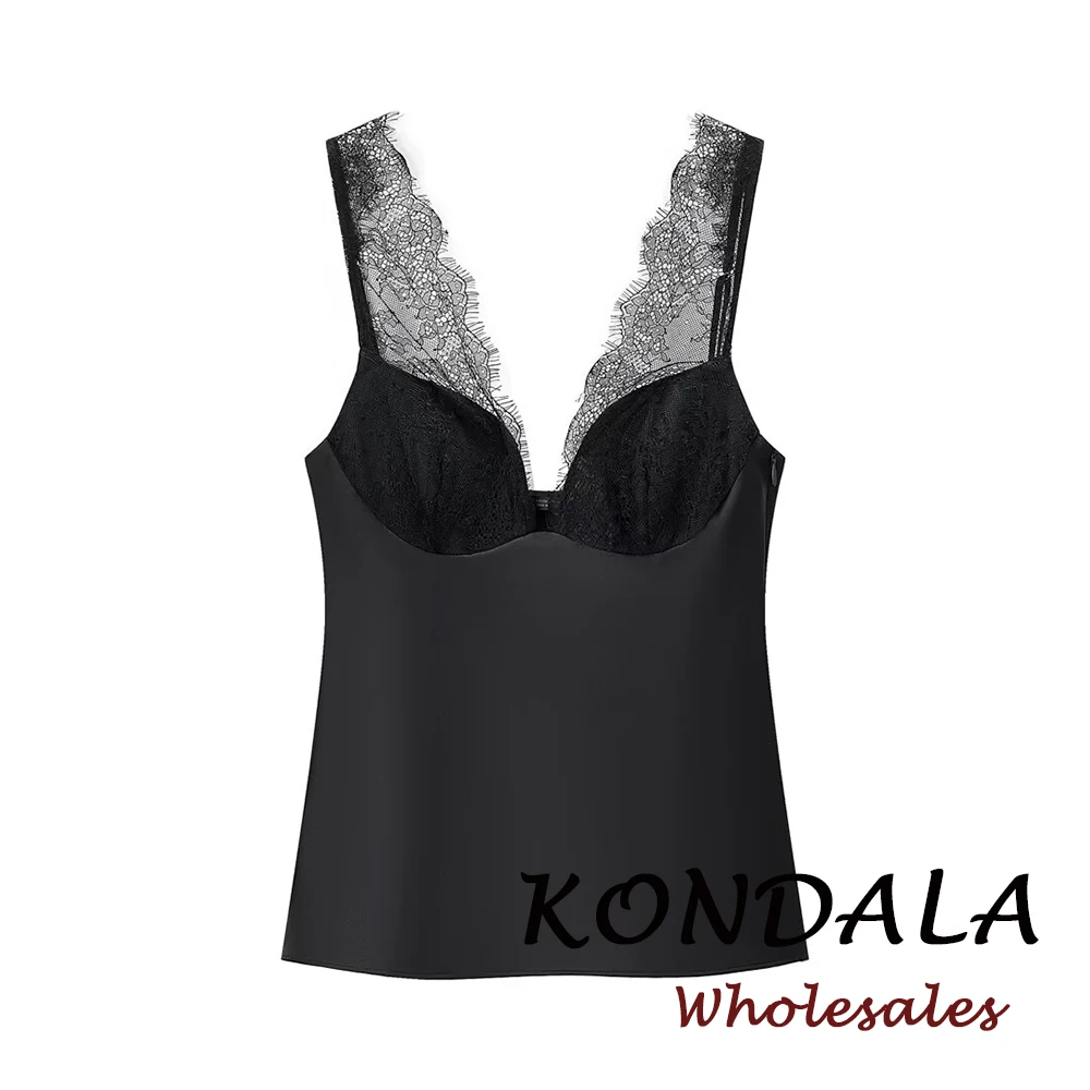 KONDALA Chic Sexy Frauen Cami Nacht Party Spitze Schwarz Tops Mode 2026 Frühling Zipper Schlank Backless V-ausschnitt Weibliche Vintage Weste