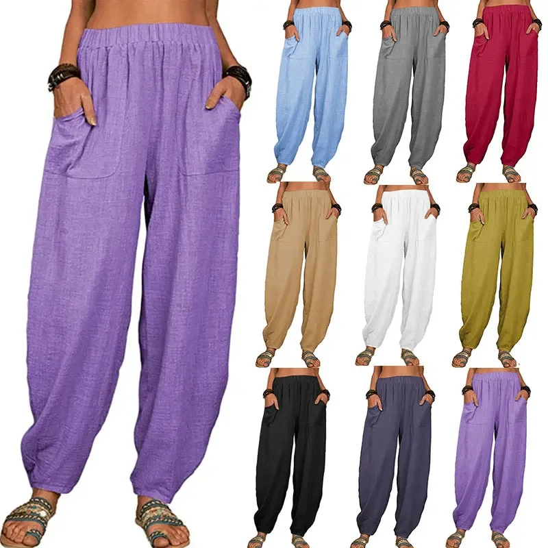 Women Harem Pants Cotton Linen Waist Wide Leg Pantalones de Mujer Summer Casual Vintage Retro Loose Pockets Female Trousers