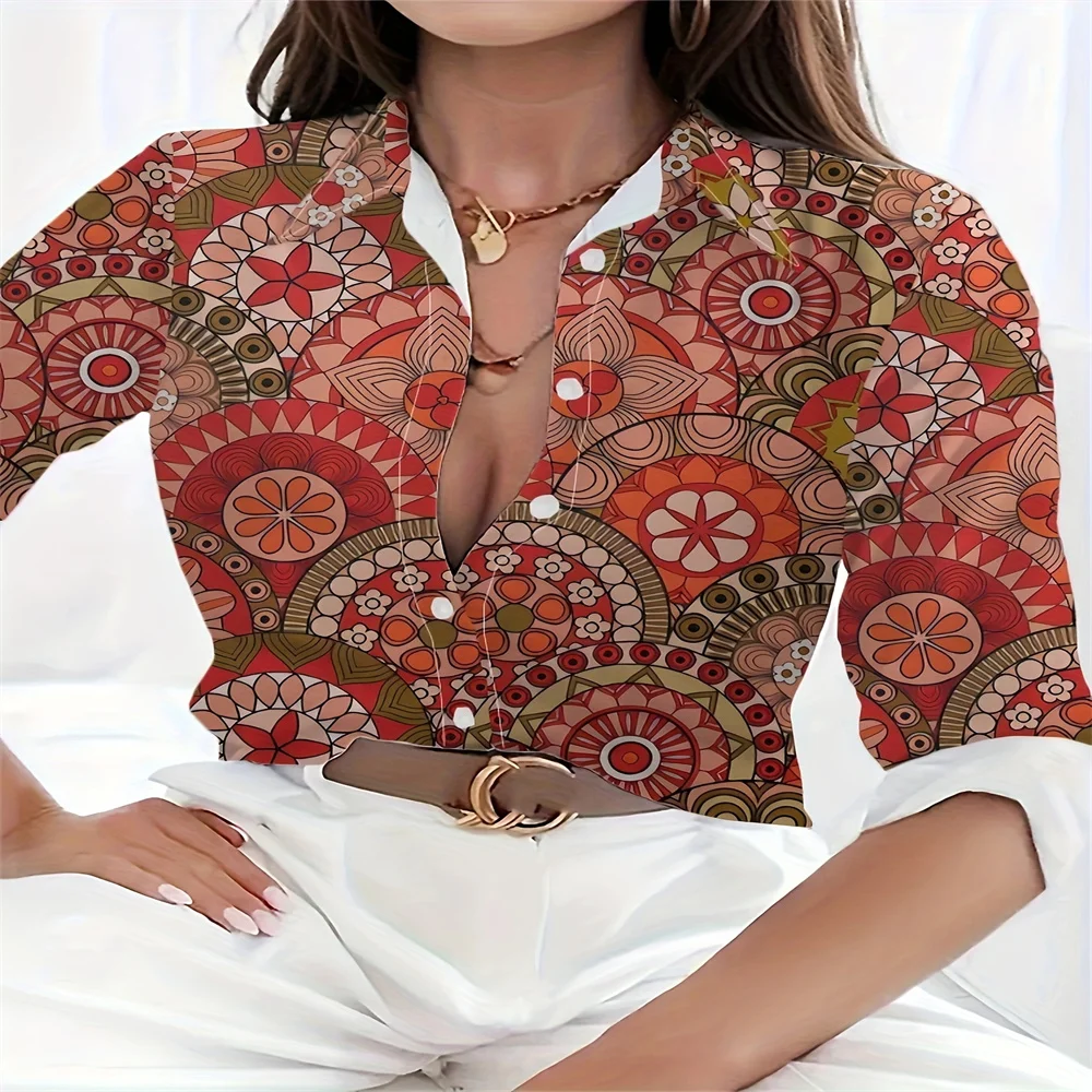 Elegant Printed Long Sleeved Collar Shirt Perfect For Spring And Autumn Fashionable Women's Clothing With Button Design Suitable