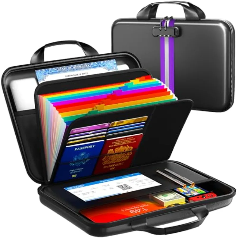 

Fireproof Accordion File Organizer with LockHard-Shell Fireproof Document Box with 13 Pockets for Certificates Passports Laptop
