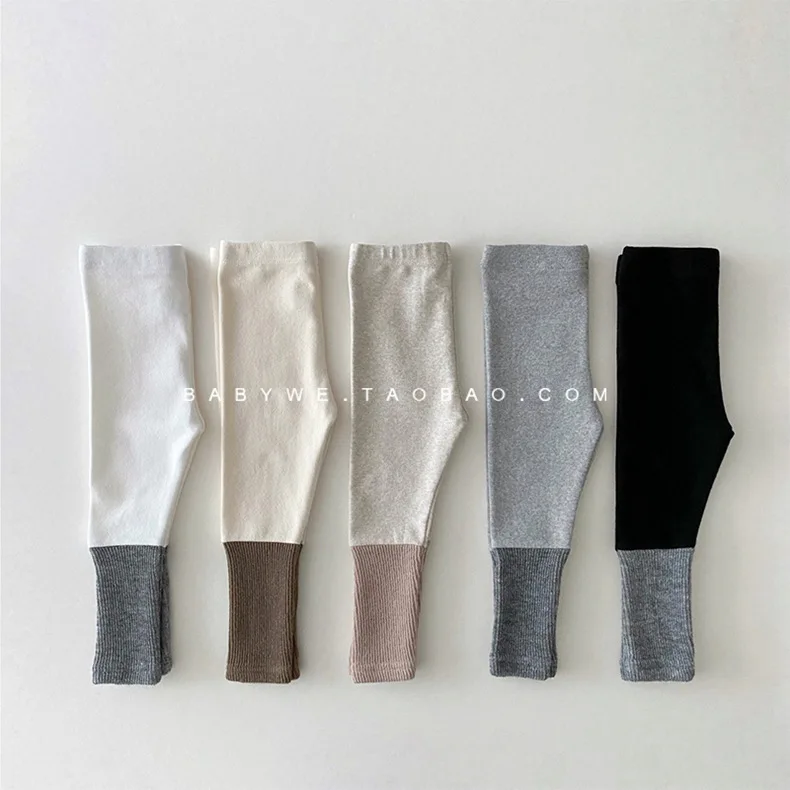 

2025 Girls' Baby New Korean Edition Pure Cotton High Elasticity Color Blocked Bottom Pants Candy Color Ribbed Splicing Pants