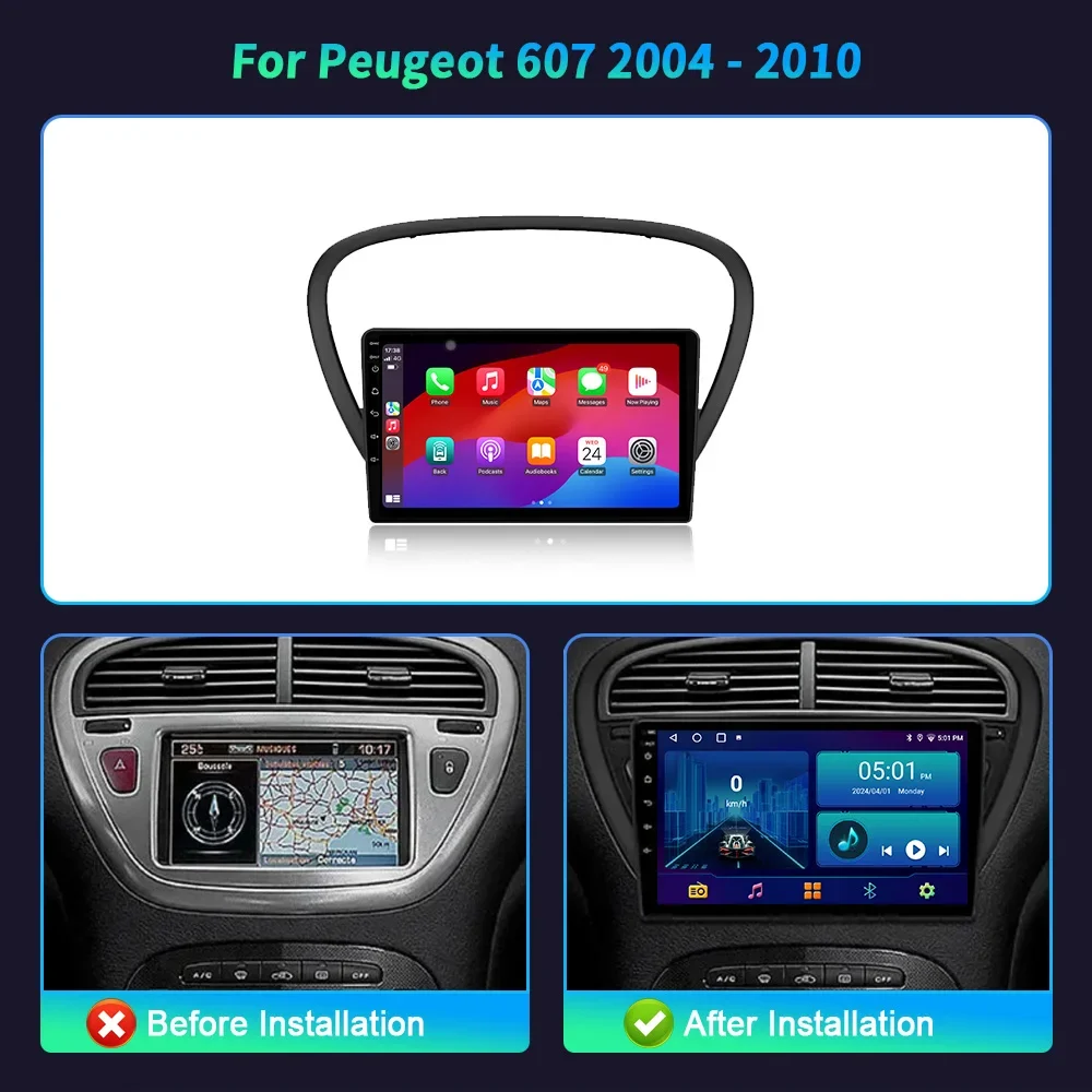 For Peugeot 607 2004-2010 Auto Wireless BT Carplay Stereo Multimedia Car Radio 4G GPS Android 14 Multifunction Head Unit Screen